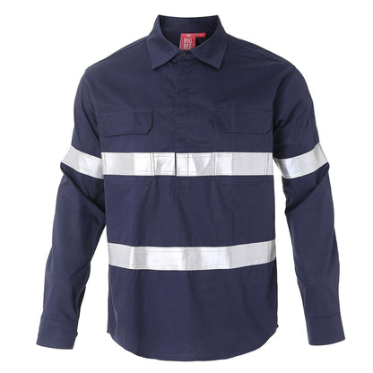 Closed Front Lightweight Cotton Work shirt in navy reflective tape, Long Sleeve, front – Big Bee Workwear