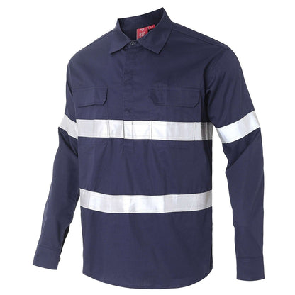 Closed Front Lightweight Cotton Work shirt in navy reflective tape, Long Sleeve, side – Big Bee Workwear
