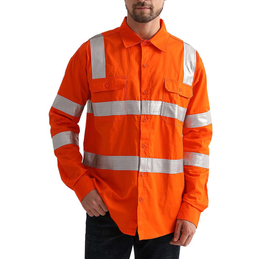 Unisex Hi Vis Work shirt in orange reflective H back, Long Sleeve, model posed – Big Bee Workwear