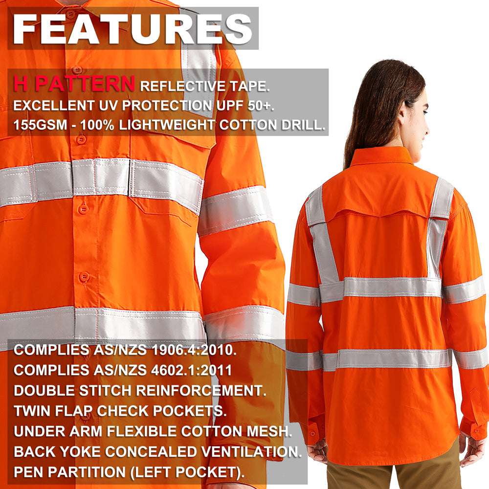 Women’s Hi Vis Work shirt in orange reflective H back, Long Sleeve, key features – Big Bee Workwear
