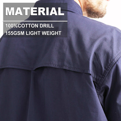 Men’s Lightweight Cotton Work shirt, Long Sleeve, fabric close-up with info – Big Bee Workwear