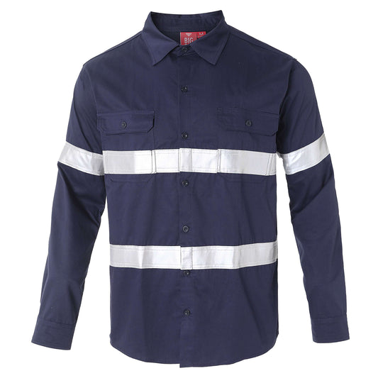 Men’s Lightweight Cotton Work shirt in navy reflective tape, Long Sleeve, front – Big Bee Workwear