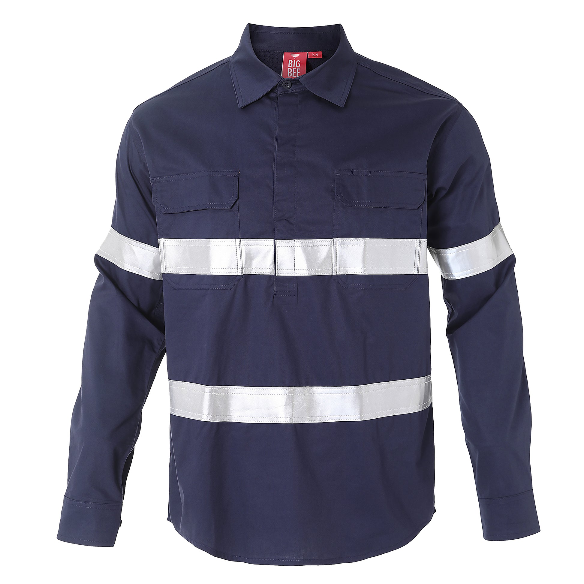 Closed Front Lightweight Cotton Work shirt in navy reflective tape, Long Sleeve, front – Big Bee Workwear