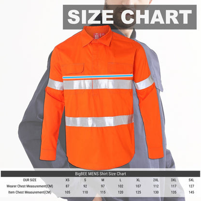 Closed Front Lightweight Cotton Work shirt, Reflective Long Sleeve, size chart – Big Bee Workwear