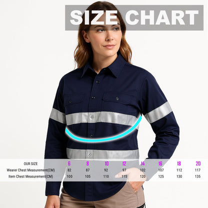 Women’s Lightweight Cotton Work shirt, Reflrctive Long Sleeve, size chart – Big Bee Workwear