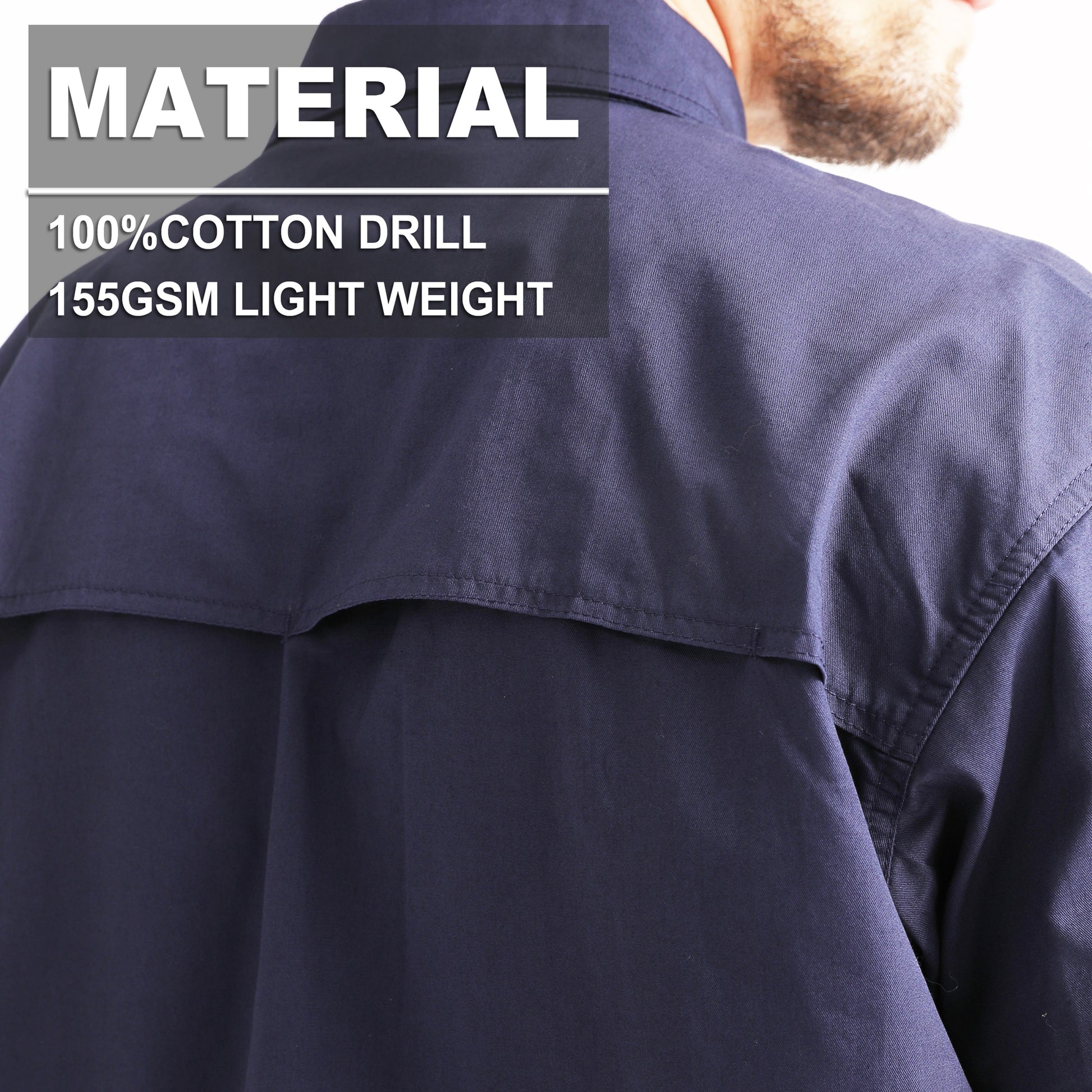 Men’s Lightweight Cotton Work shirt, Long Sleeve, fabric close-up with info – Big Bee Workwear