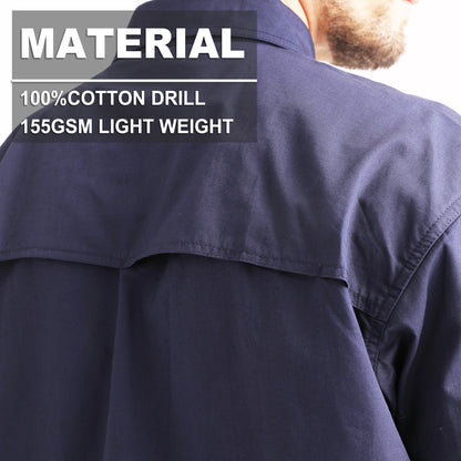 Men’s Lightweight Cotton Work shirt, Long Sleeve, fabric close-up with info – Big Bee Workwear