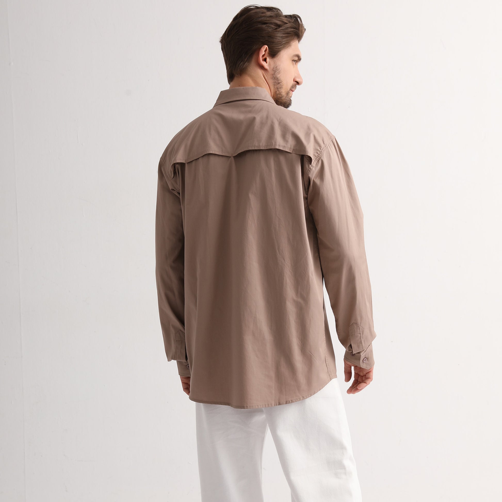 Men’s Lightweight Cotton Work shirt in khaki, Long Sleeve, model back – Big Bee Workwear