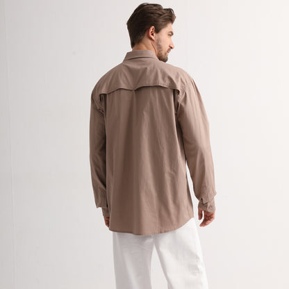 Men’s Lightweight Cotton Work shirt in khaki, Long Sleeve, model back – Big Bee Workwear