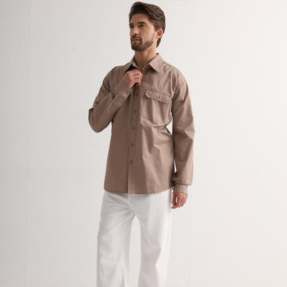 Men’s Lightweight Cotton Work shirt in khaki, Long Sleeve, model posed – Big Bee Workwear
