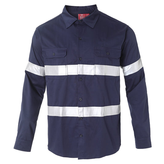 Men’s Lightweight Cotton Work shirt in navy reflective tape, Long Sleeve, front – Big Bee Workwear