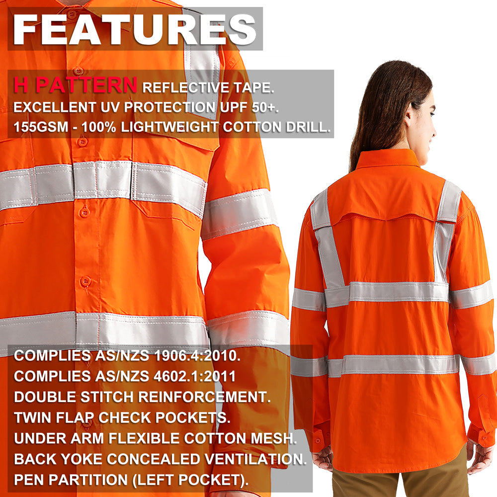 Big Bee Ladies Hi-Vis Work Shirt Orange H Pattern Reflective - Big Bee