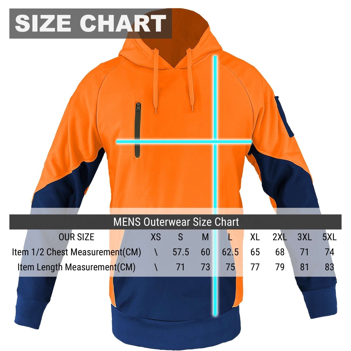 Hi Vis Warm-up Hoodie, Fleece, size chart – Big Bee Workwear