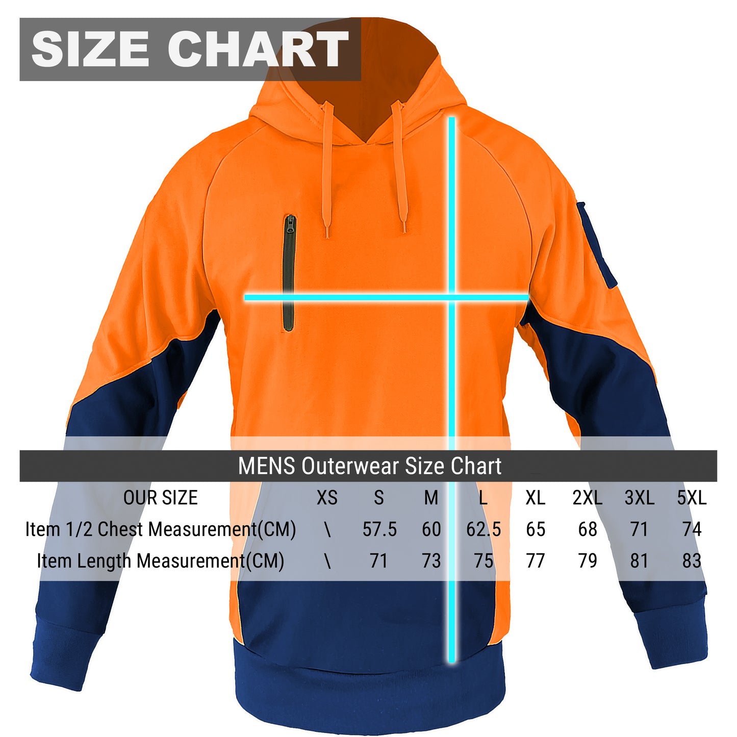 Hi Vis Warm-up Hoodie, Fleece, size chart – Big Bee Workwear