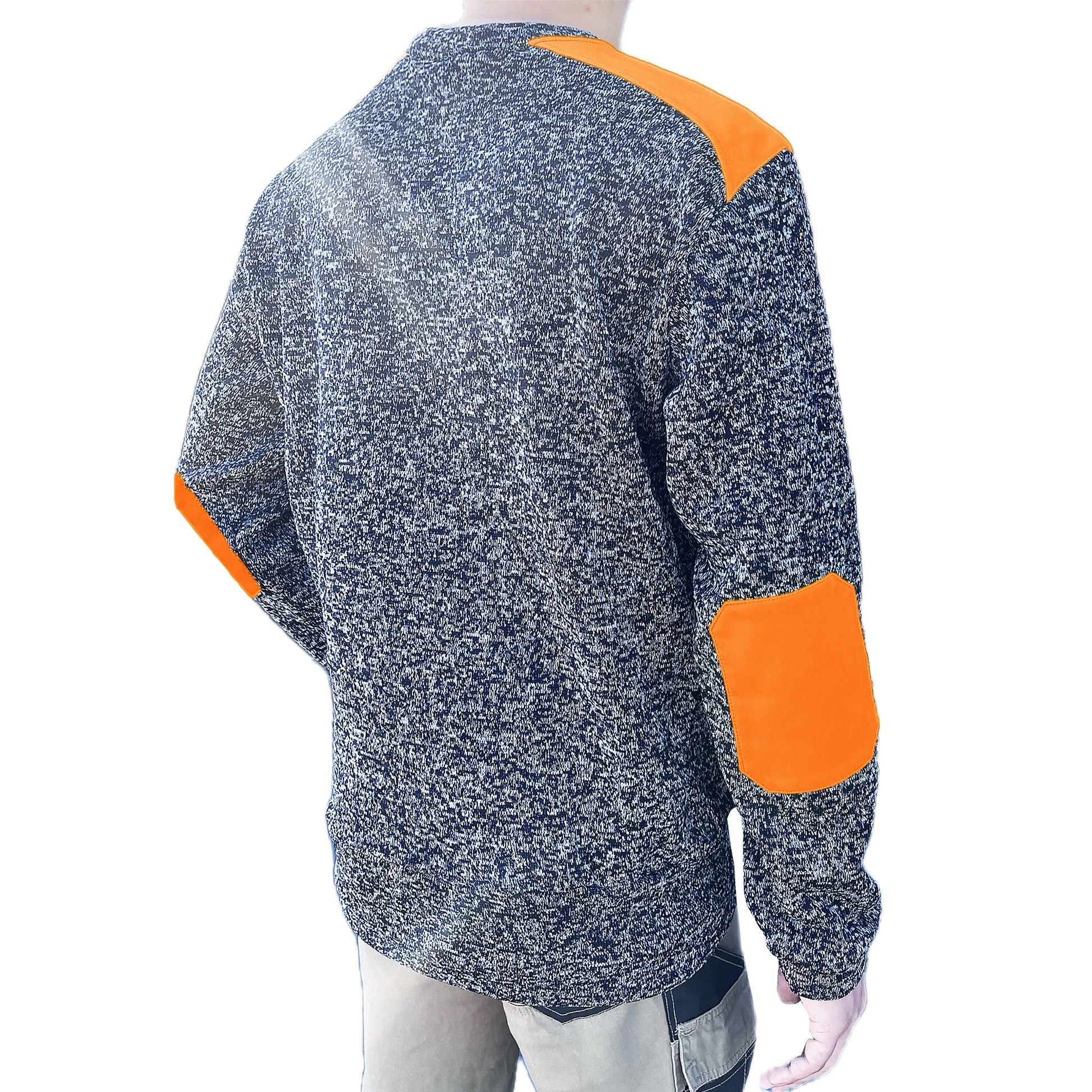 V-Neck Work jumper in orange navy, Fleece, model back – Big Bee Workwear