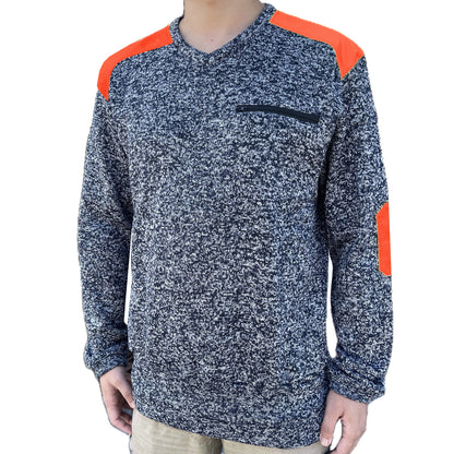 V-Neck Work jumper in orange navy, Fleece, model front – Big Bee Workwear