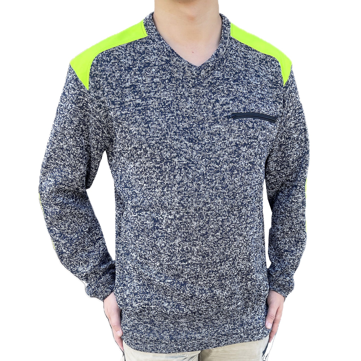V-Neck Work jumper in yellow navy, Fleece, model in action – Big Bee Workwear