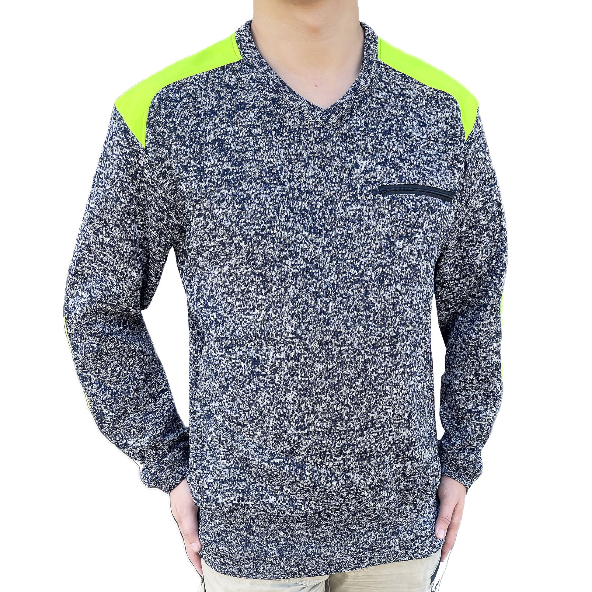 V-Neck Work jumper in yellow navy, Fleece, model in action – Big Bee Workwear