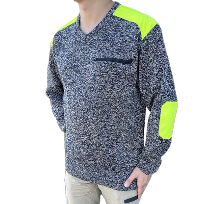 V-Neck Work jumper in yellow navy, Fleece, model front angle – Big Bee Workwear