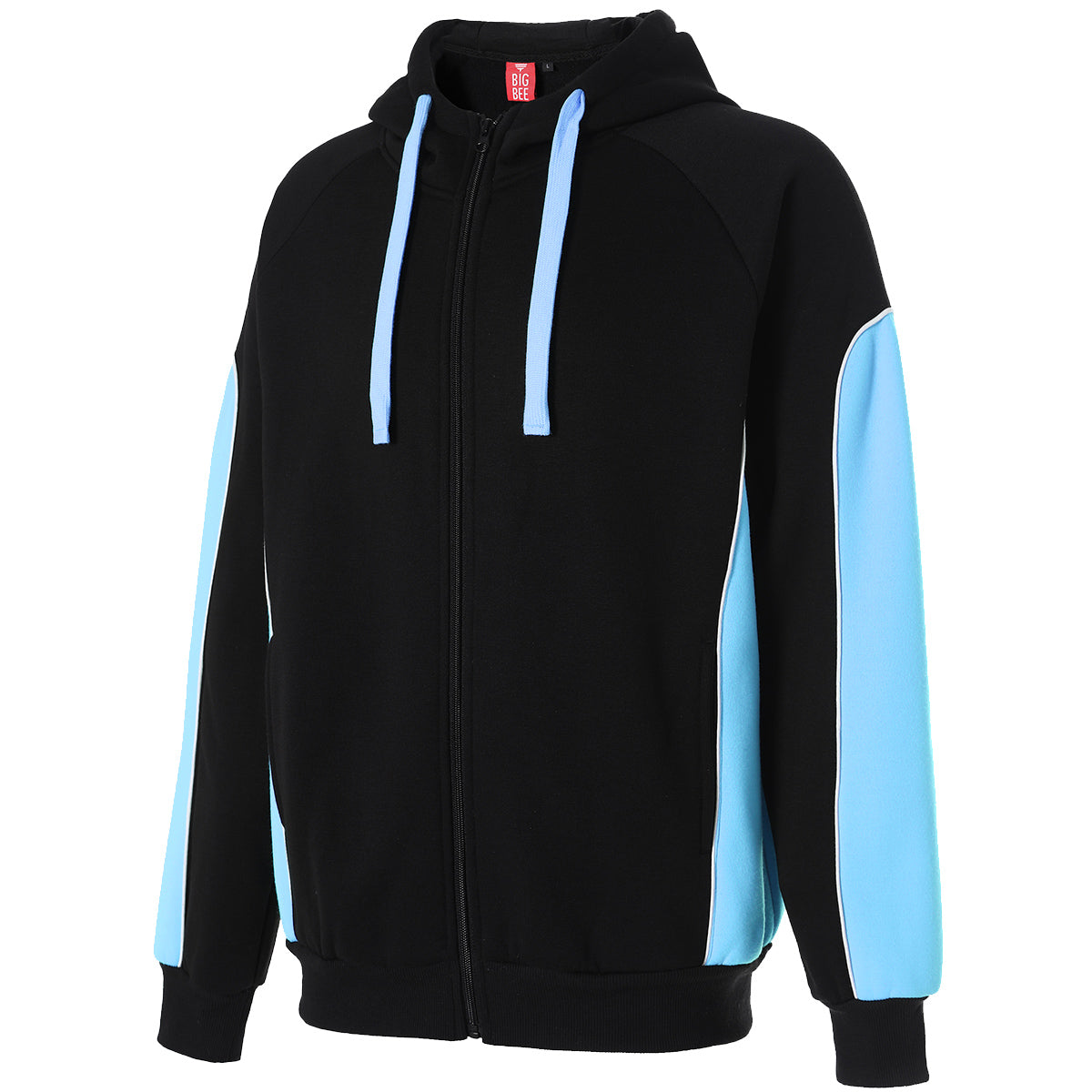 Ladies Panel Full Zip Hoodie Jumper in Black with Aqua Blue, Contrast Sleeve, side – Big Bee Workwear