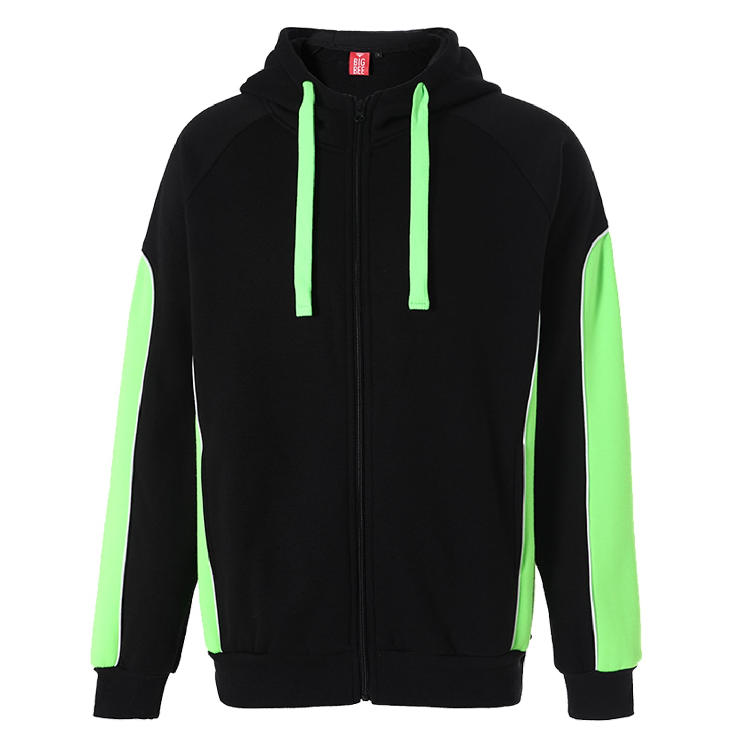 Ladies Panel Full Zip Hoodie Jumper in Black with green lime, Contrast Sleeve, front – Big Bee Workwear
