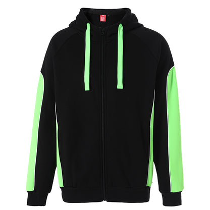 Ladies Panel Full Zip Hoodie Jumper in Black with green lime, Contrast Sleeve, front – Big Bee Workwear