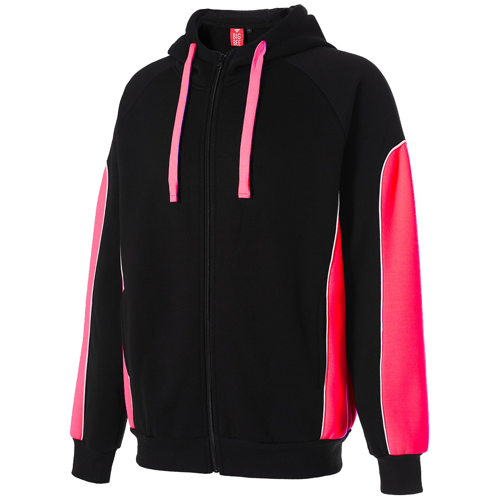 Ladies Panel Full Zip Hoodie Jumper in Black with red, Contrast Sleeve, side – Big Bee Workwear