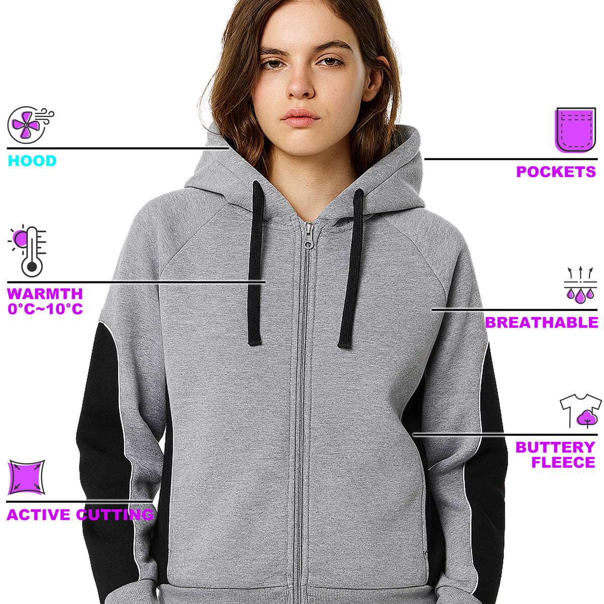 Ladies Panel Full Zip Hoodie Jumper, Contrast Sleeve, key features – Big Bee Workwear
