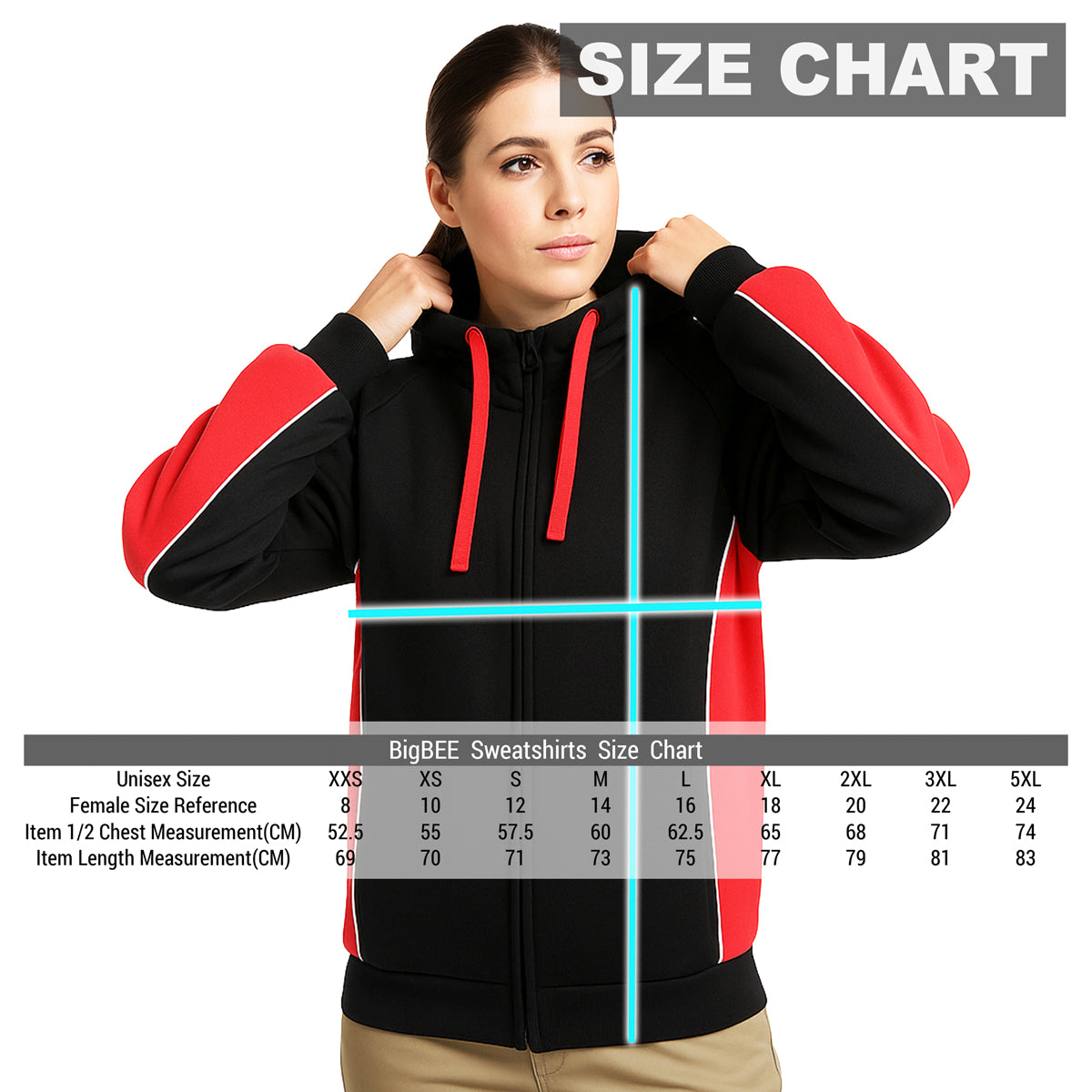 Ladies Panel Full Zip Hoodie Jumper, Contrast Sleeve, size chart – Big Bee Workwear