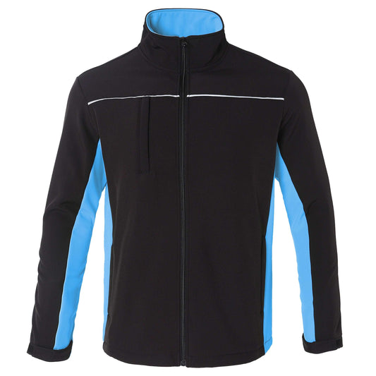 panel softshell jacket in Black with Aqua Blue, front – Big Bee Workwear