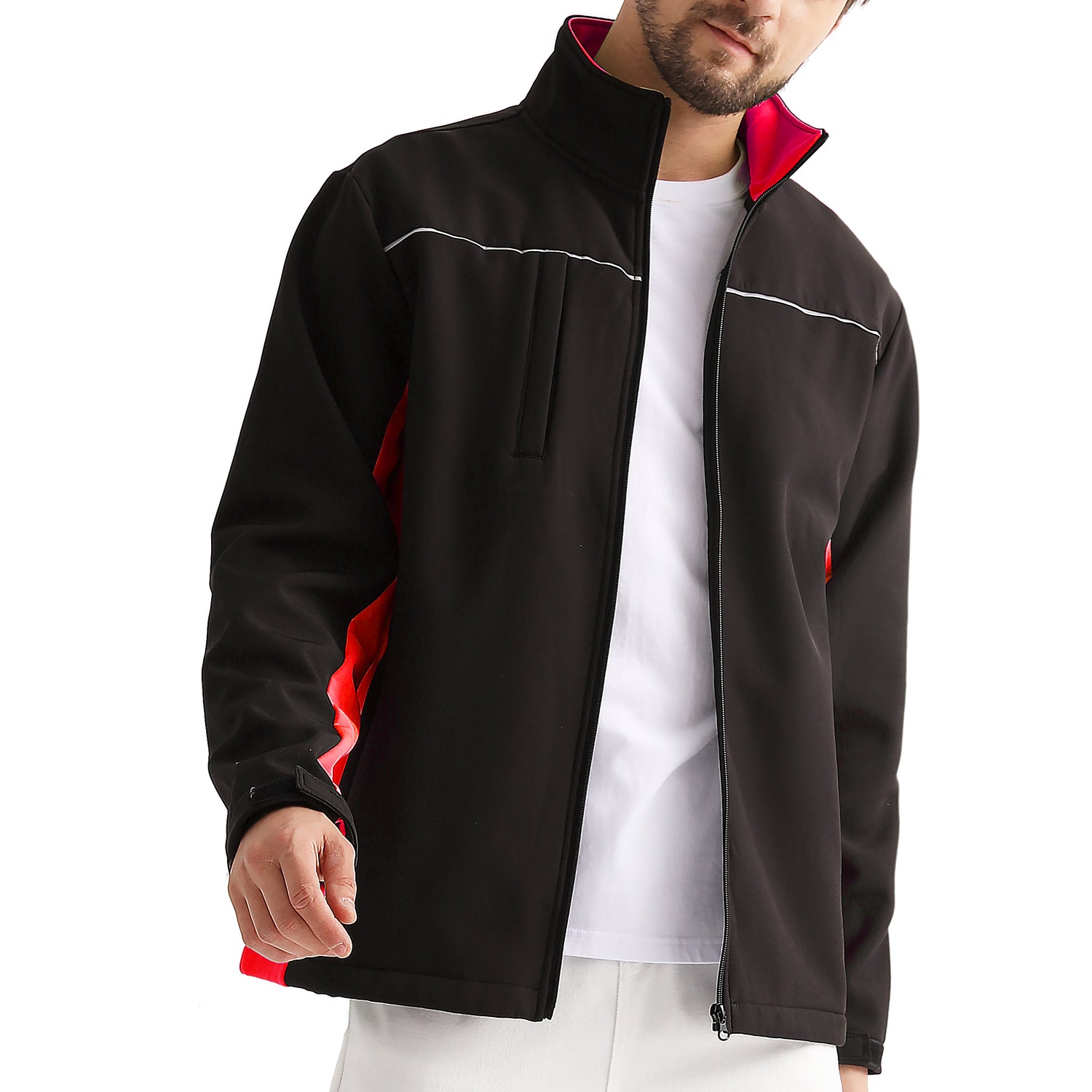 panel softshell jacket in Black with red, model front – Big Bee Workwear