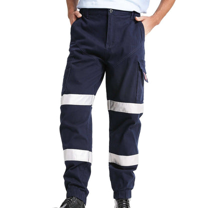 elite reflective work pants in navy reflective tape, model front – Big Bee Workwear