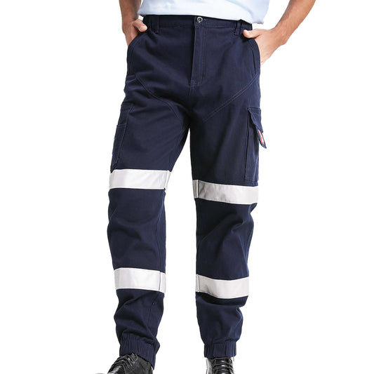 elite reflective work pants in navy reflective tape, model front – Big Bee Workwear