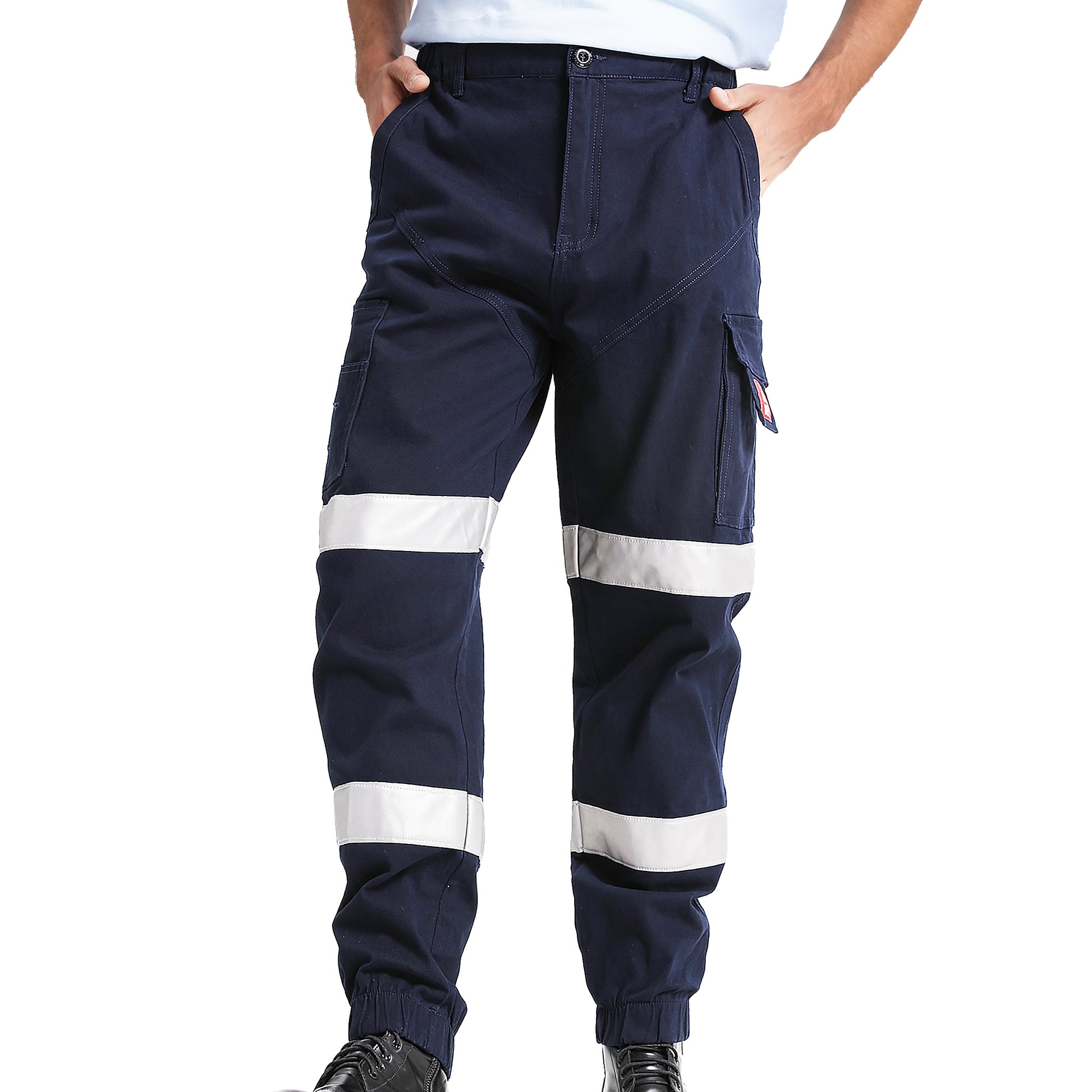elite reflective work pants in navy reflective tape, model front – Big Bee Workwear