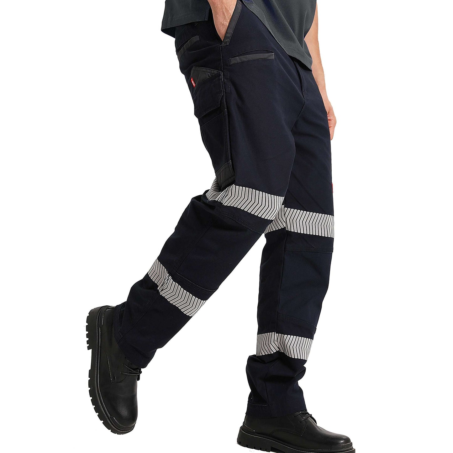 brumby work pants in navy reflective tape, model side – Big Bee Workwear