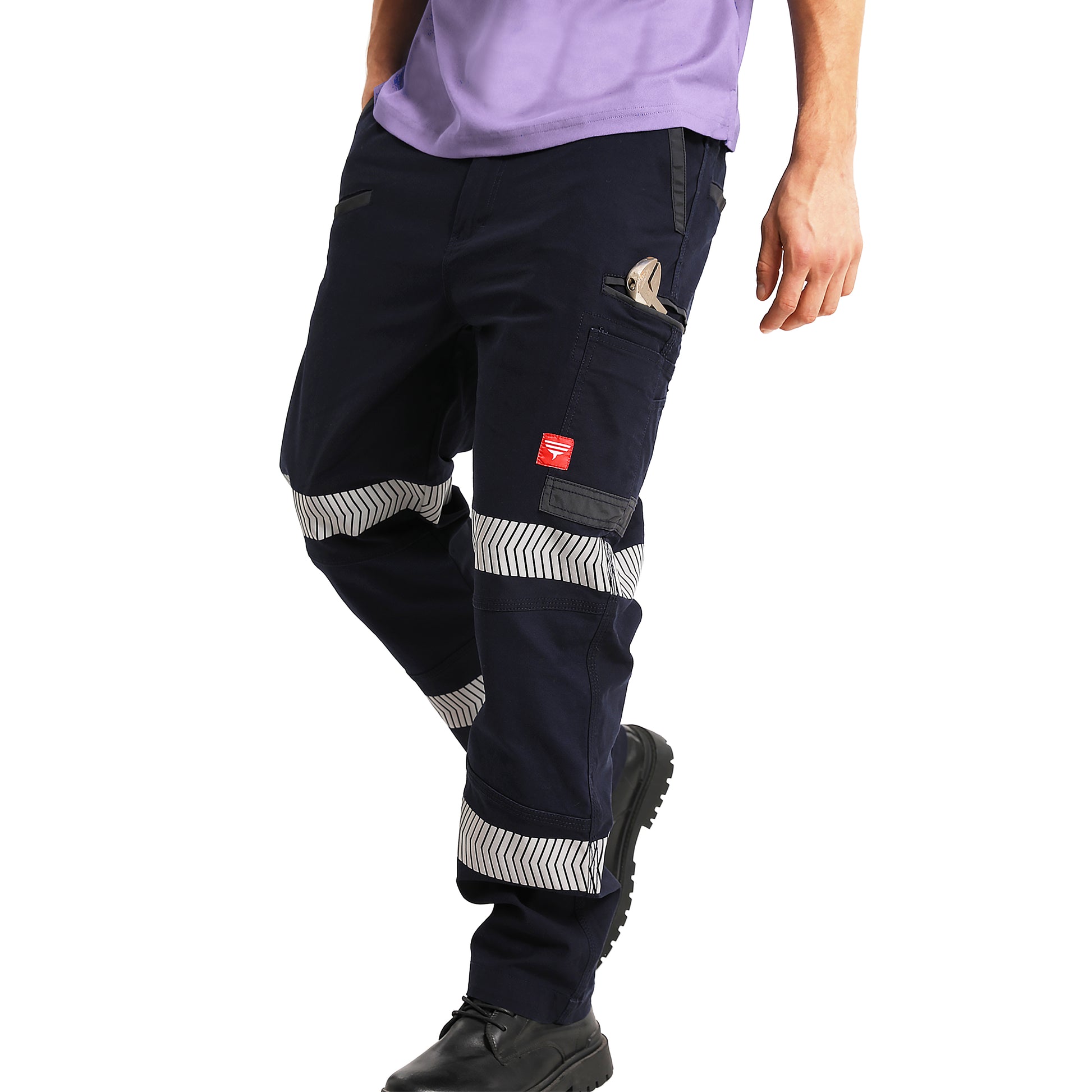 brumby work pants in navy reflective tape, model front – Big Bee Workwear