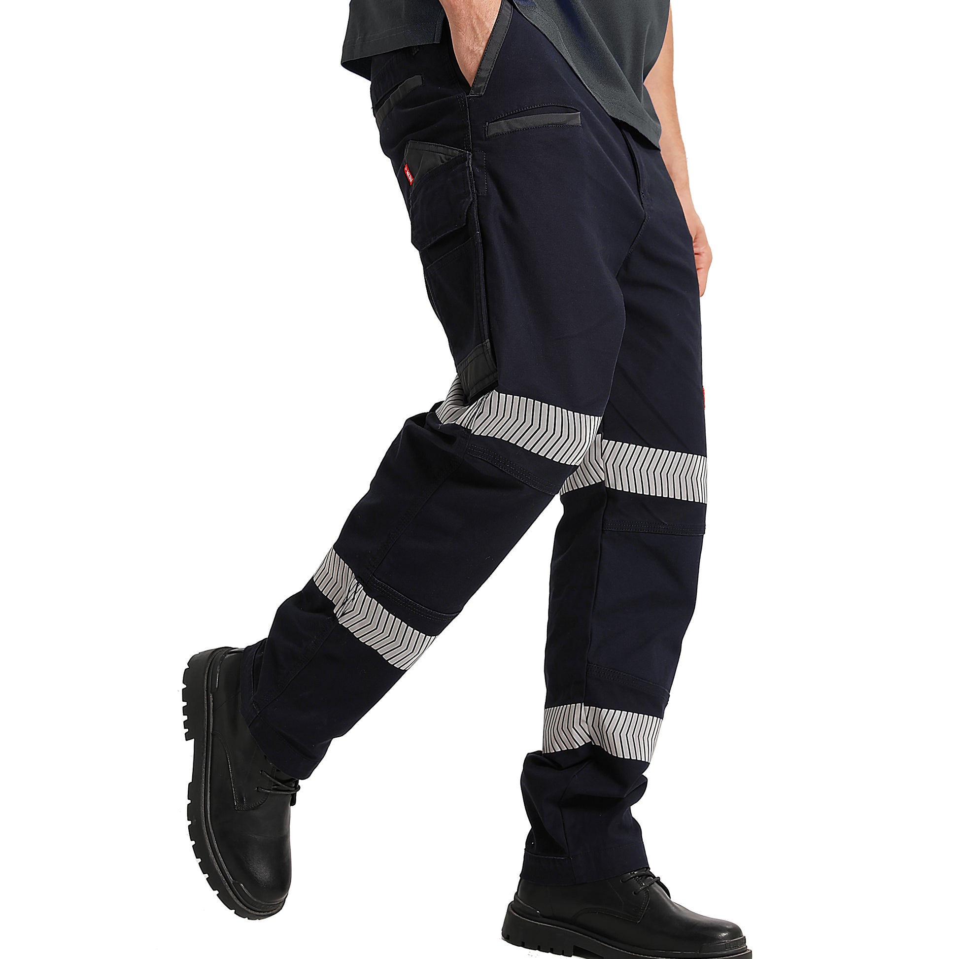 brumby work pants in navy reflective tape, model side – Big Bee Workwear