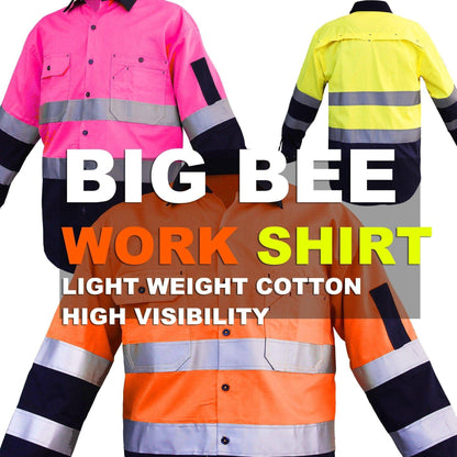 Big Bee Men's Hi Vis Shirts Reflective Tape, Light Weight Cotton - Big Bee