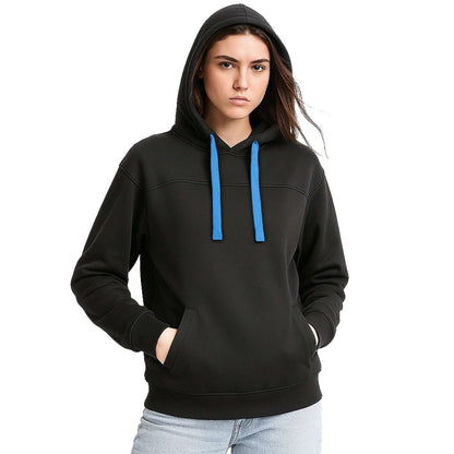 ladies fly hoodie in Black with Aqua Blue, model front – Big Bee Workwear