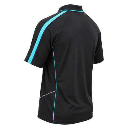 "flow polo shirt in Black with Aqua Blue, back angle – Big Bee Workwear"