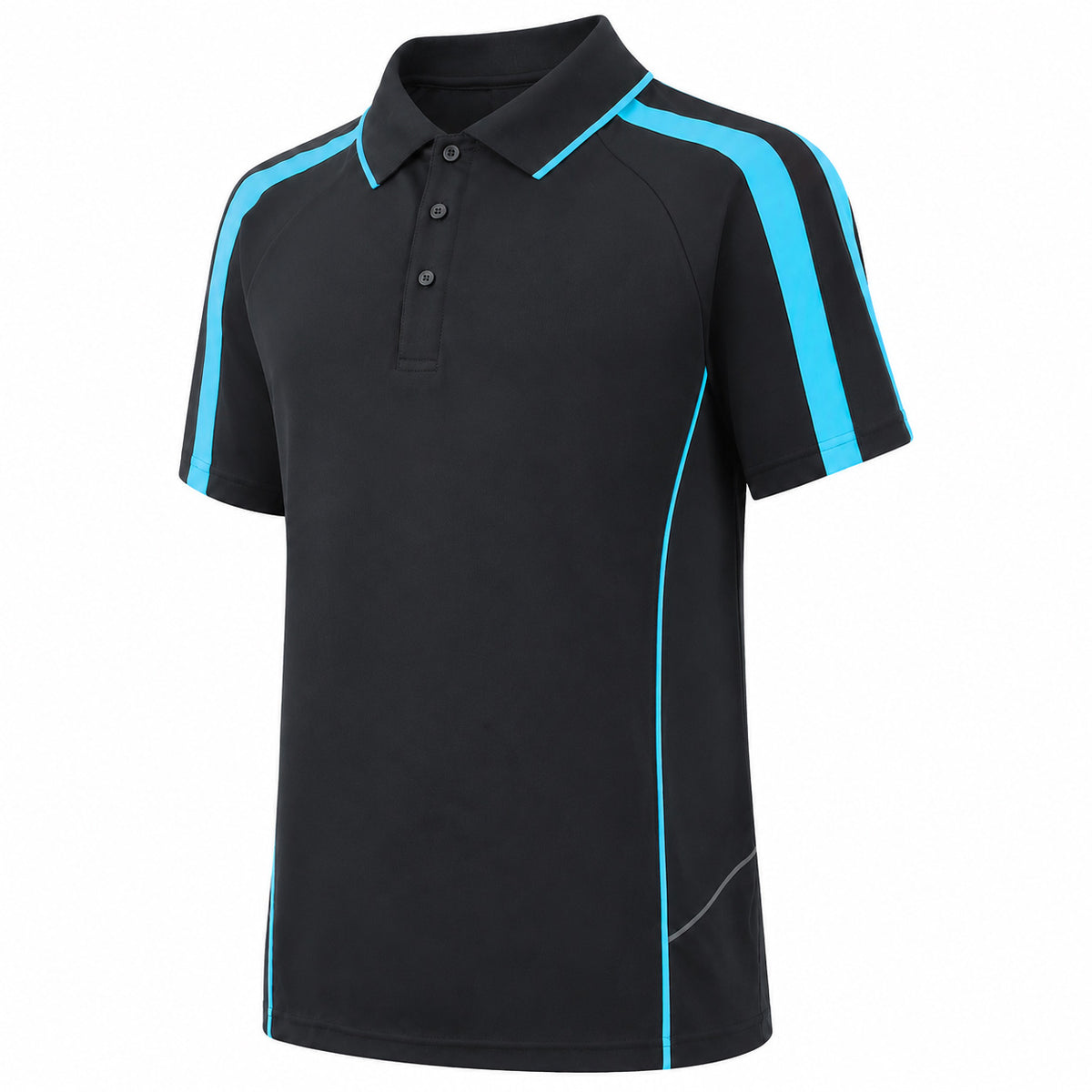 "flow polo shirt in Black with Aqua Blue, side – Big Bee Workwear"
