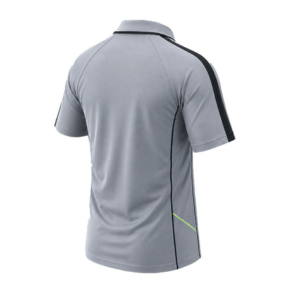 "flow polo shirt in grey black, back angle – Big Bee Workwear"