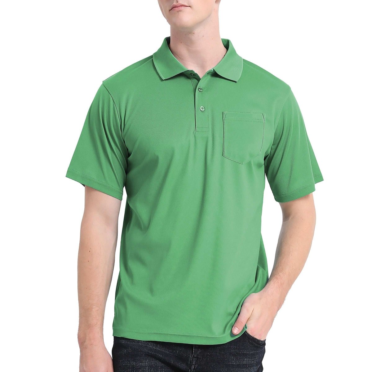 cotton blend polo shirt in green, model front – Big Bee Workwear